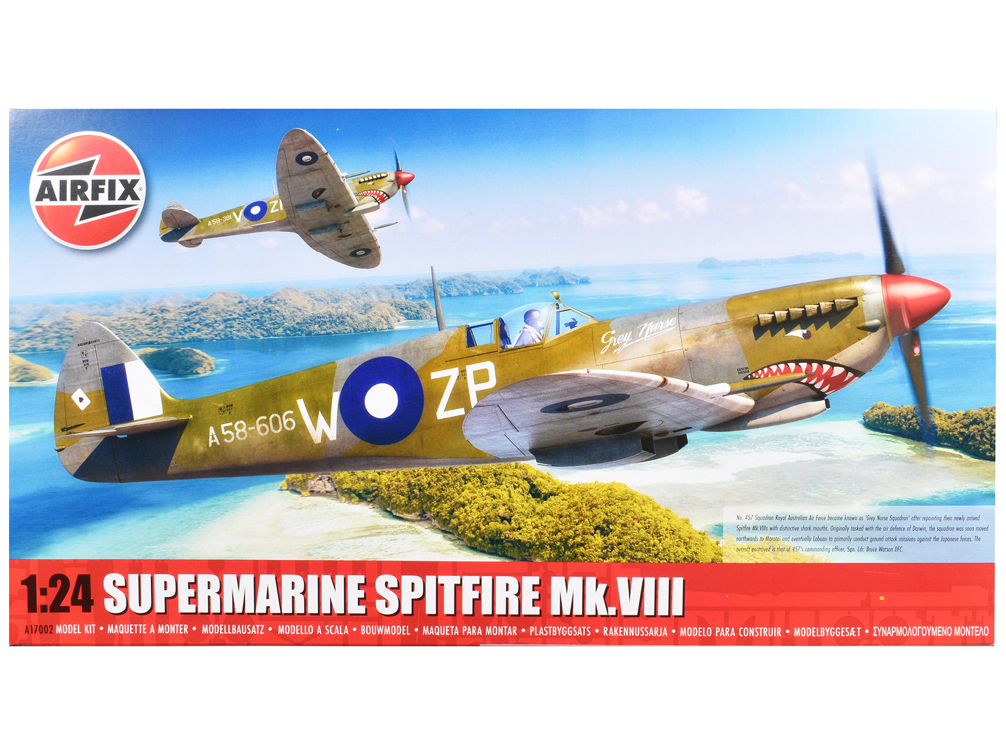 Level 4 Model Kit Supermarine Spitfire Mk.VIII Fighter Aircraft with 3 Scheme Options 1/24 Plastic Model Kit by Airfix