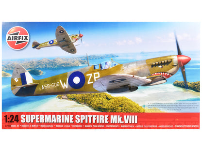 Level 4 Model Kit Supermarine Spitfire Mk.VIII Fighter Aircraft with 3 Scheme Options 1/24 Plastic Model Kit by Airfix