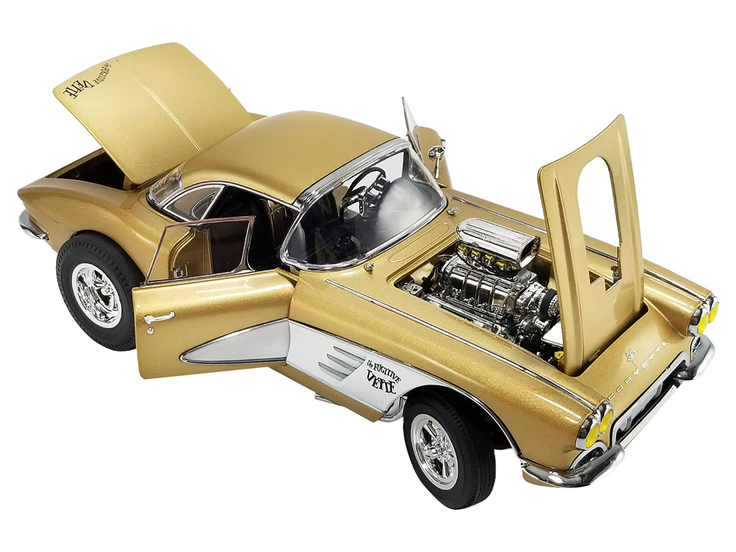 1961 Chevrolet Corvette Gasser "Rat Fink's The Fugitive Vette" Gold Metallic Limited Edition to 414 pieces Worldwide 1/18 Diecast Model Car by ACME