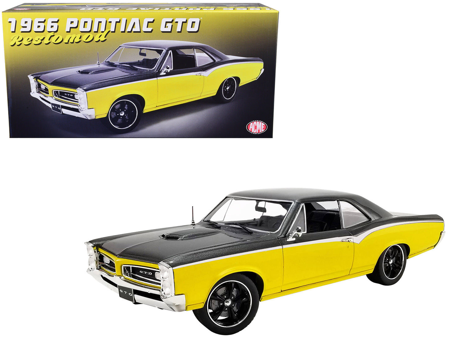 1966 Pontiac GTO "Restomod" Yellow and Dark Gray Metallic Limited Edition to 480 pieces Worldwide 1/18 Diecast Model Car by ACME