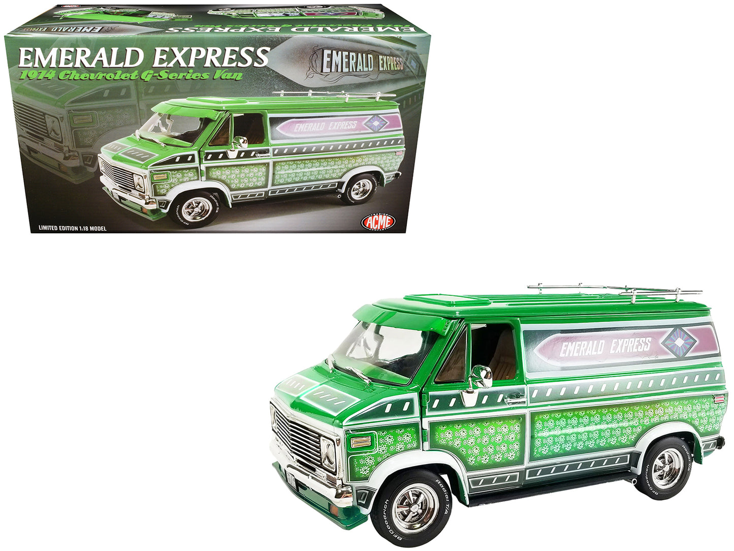 1974 Chevrolet G-Series Van Green with Graphics "Emerald Express" Limited Edition to 372 pieces Worldwide 1/18 Diecast Model Car by ACME