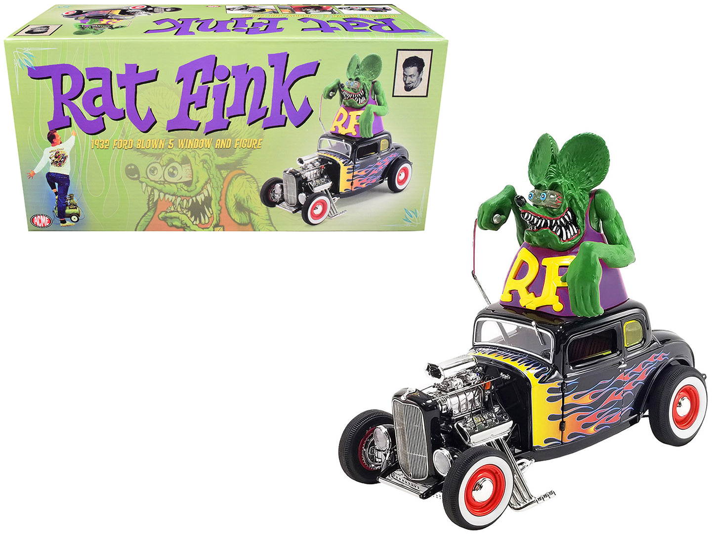 1932 Ford Blown 5 Window Coupe Black with Flames and Rat Fink Figure Limited Edition to 522 pieces Worldwide 1/18 Diecast Model Car by ACME