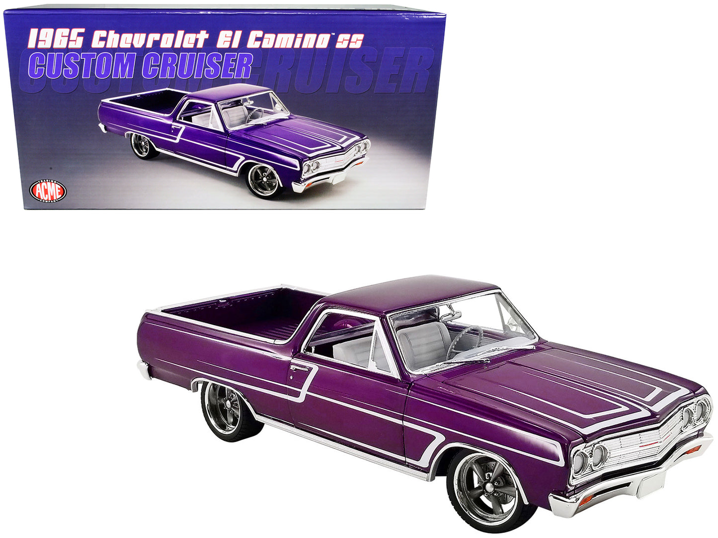 1965 Chevrolet El Camino SS "Custom Cruiser" Purple Metallic with White Graphics Limited Edition to 678 pieces Worldwide 1/18 Diecast Model Car by ACME