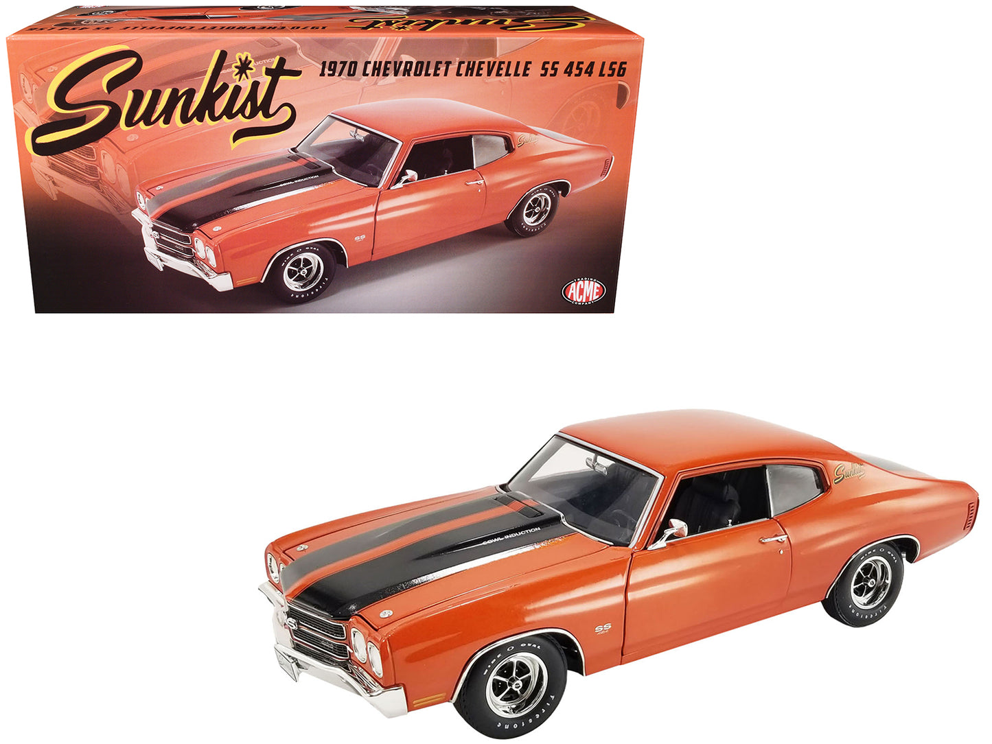 1970 Chevrolet Chevelle SS 454 LS6 "Sunkist" Orange with Black Hood Stripes Limited Edition to 300 pieces Worldwide 1/18 Diecast Model Car by ACME