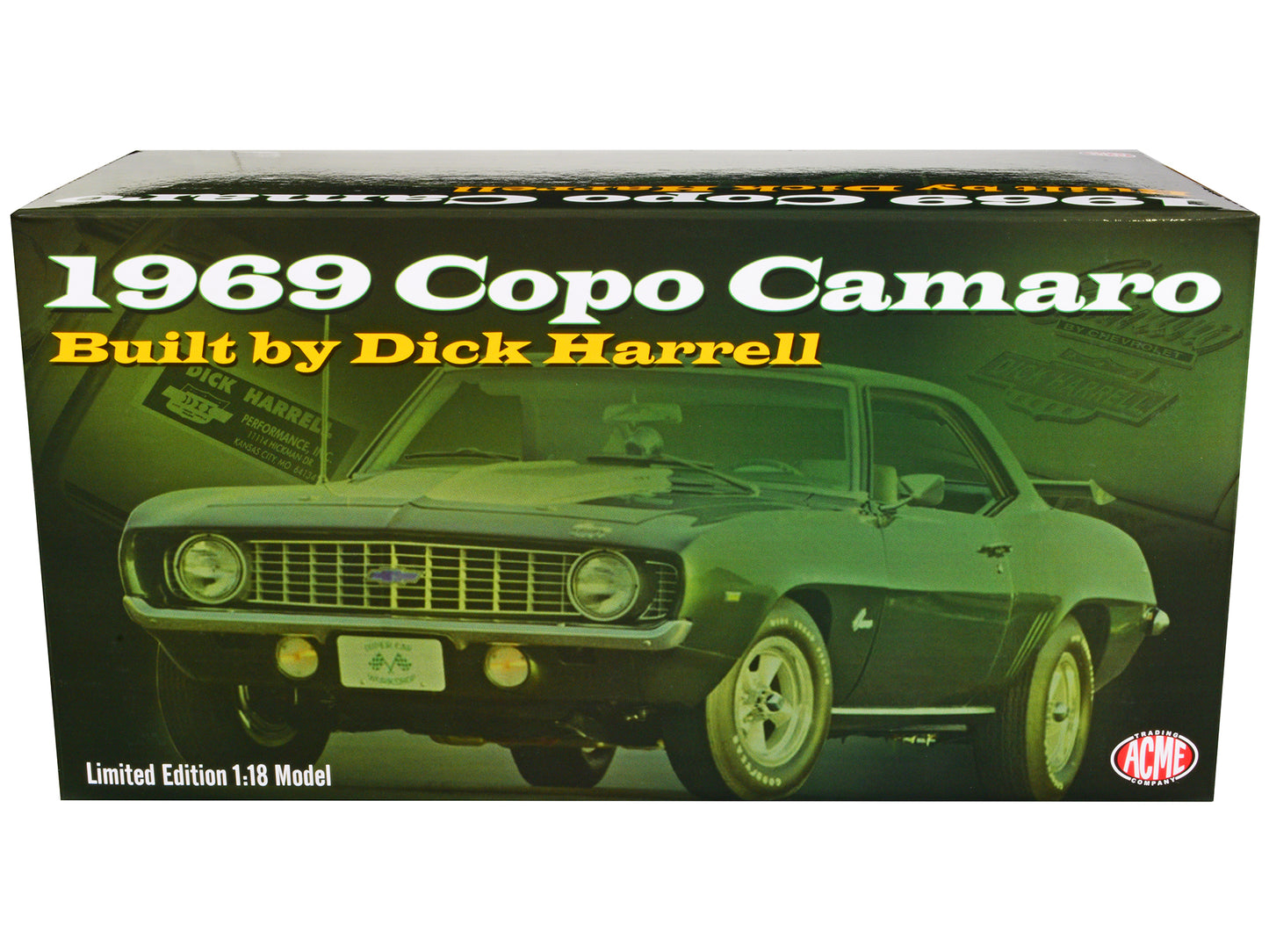 1969 Chevrolet Copo Camaro Dark Green Metallic with White Hood and Green Interior "Built by Dick Harrell" Limited Edition to 864 pieces Worldwide 1/18 Diecast Model Car by ACME