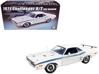 1971 Dodge Challenger R/T 383 Magnum Brite White with Blue Stripes and Blue Interior Limited Edition to 468 pieces Worldwide 1/18 Diecast Model Car by ACME