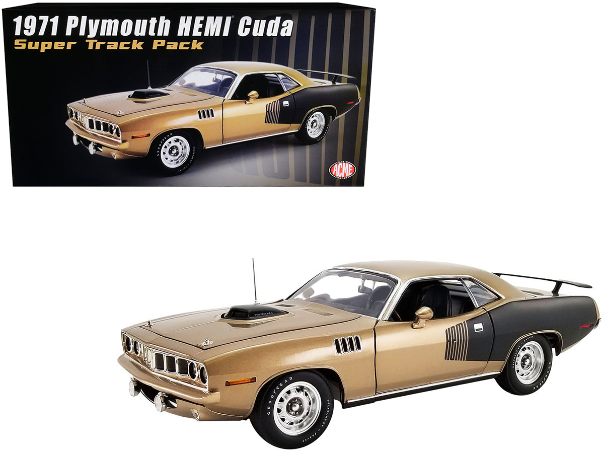 1971 Plymouth Hemi Barracuda "Super Track Pack" Gold Leaf Metallic and Matt Black Limited Edition to 912 pieces Worldwide 1/18 Diecast Model Car by ACME