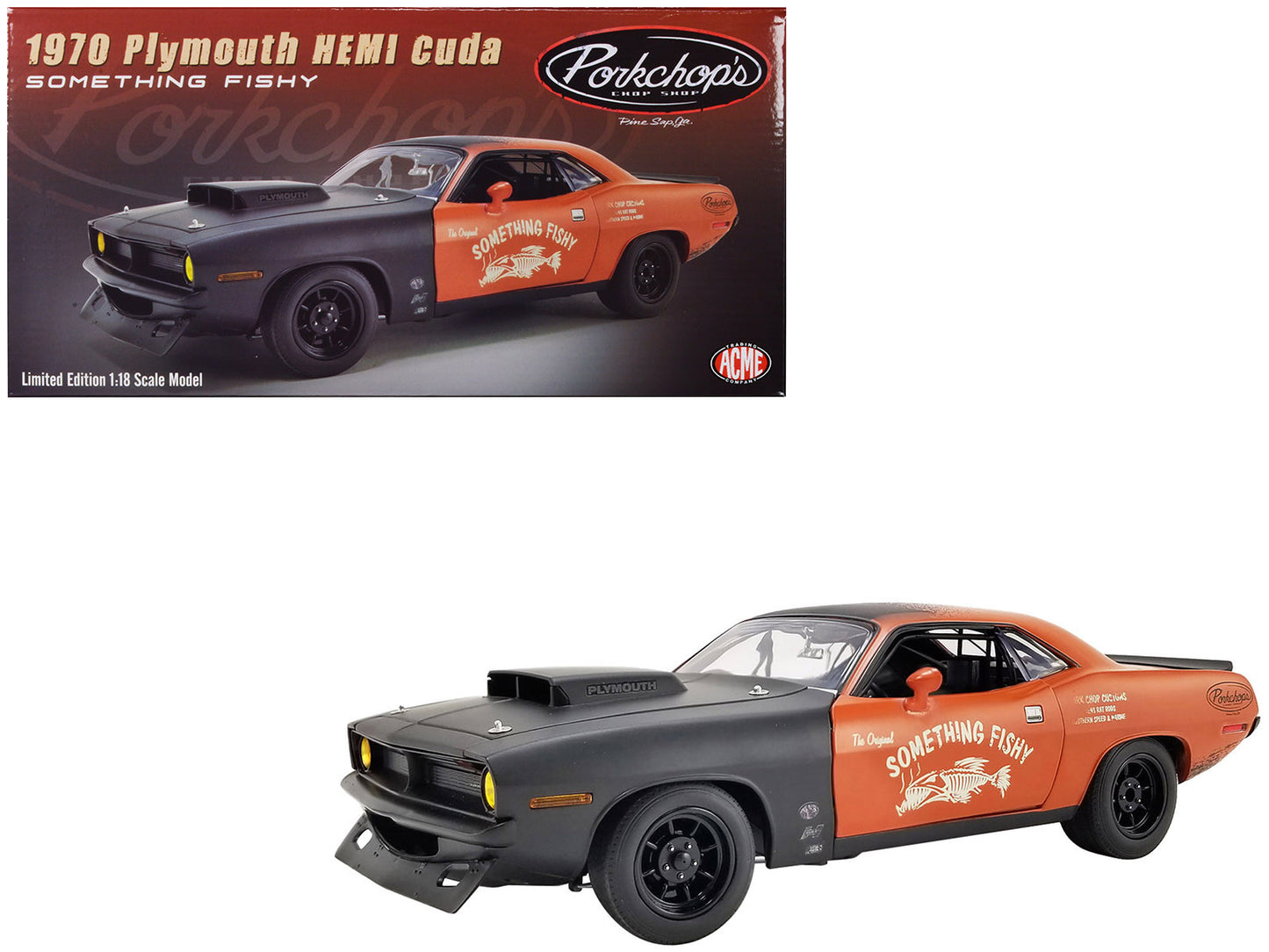 1970 Plymouth HEMI Barracuda Orange and Matt Black "Pork Chop's Something Fishy" Limited Edition to 450 pieces Worldwide 1/18 Diecast Model Car by ACME