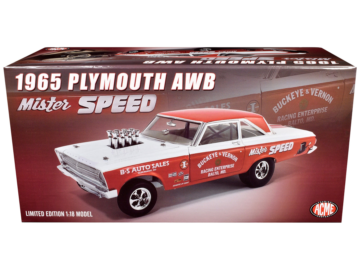 1965 Plymouth AWB "Mister Speed" Red and White with Graphics Limited Edition to 378 pieces Worldwide 1/18 Diecast Model Car by ACME