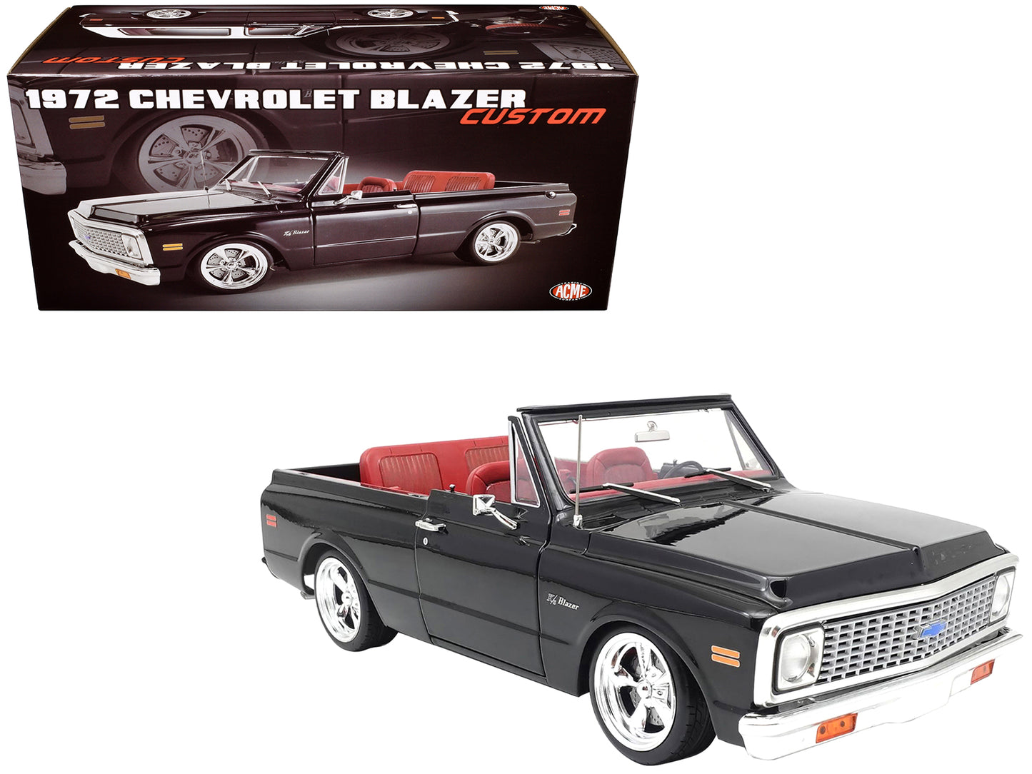 1972 Chevrolet Blazer Custom Black with White Top and Red Interior Limited Edition to 698 pieces Worldwide 1/18 Diecast Model Car by ACME