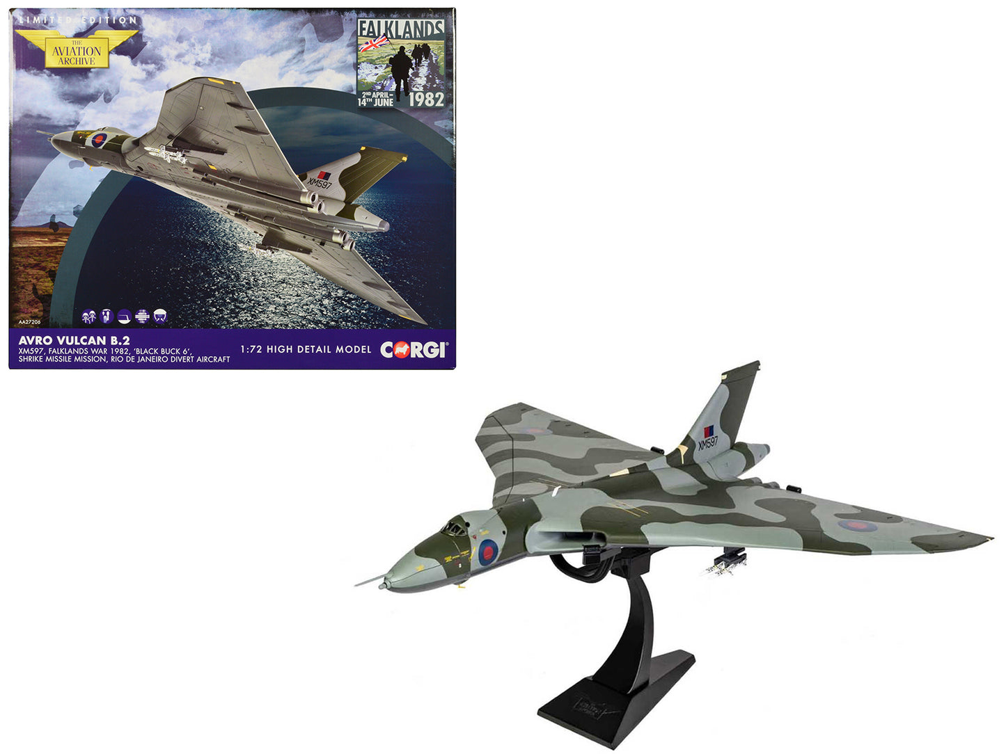 Avro Vulcan B2 Bomber Aircraft "XM597 'Black Buck 6 Shrike Missile Mission Rio de Janeiro Divert Aircraft Falklands War" (1982) British Royal Air Force "The Aviation Archive" Series 1/72 Diecast Model by Corgi