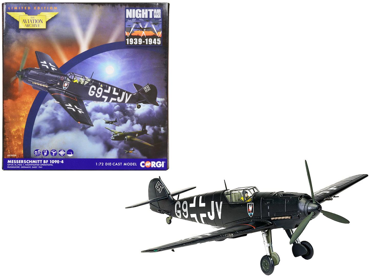 Messerschmitt Bf 109E-4 Fighter Aircraft "G9+JV Nightfighter Operations Dusseldorf Germany" (1941) Luftwaffe "The Aviation Archive" Series 1/72 Diecast Model by Corgi