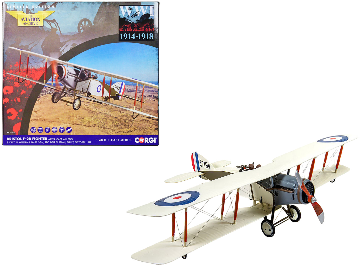 Bristol F-2B Fighter Aircraft "A7194 Capt. Arthur H Peck & Capt. John JL Williams No.111 Squadron Egypt" (1917) Royal Flying Corps "The Aviation Archive" Series 1/48 Diecast Model by Corgi