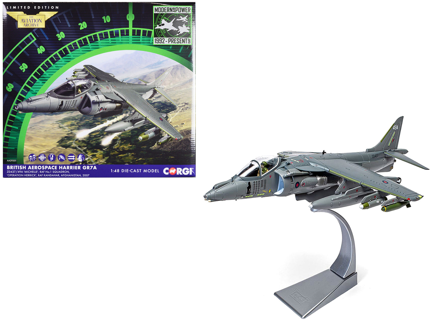 British Aerospace Harrier GR7A Aircraft "Michelle RAF No.1 Squadron Operation Herrick RAF Kandahar Afghanistan" (2007) Royal Air Force "The Aviation Archive" Series 1/48 Diecast Model by Corgi