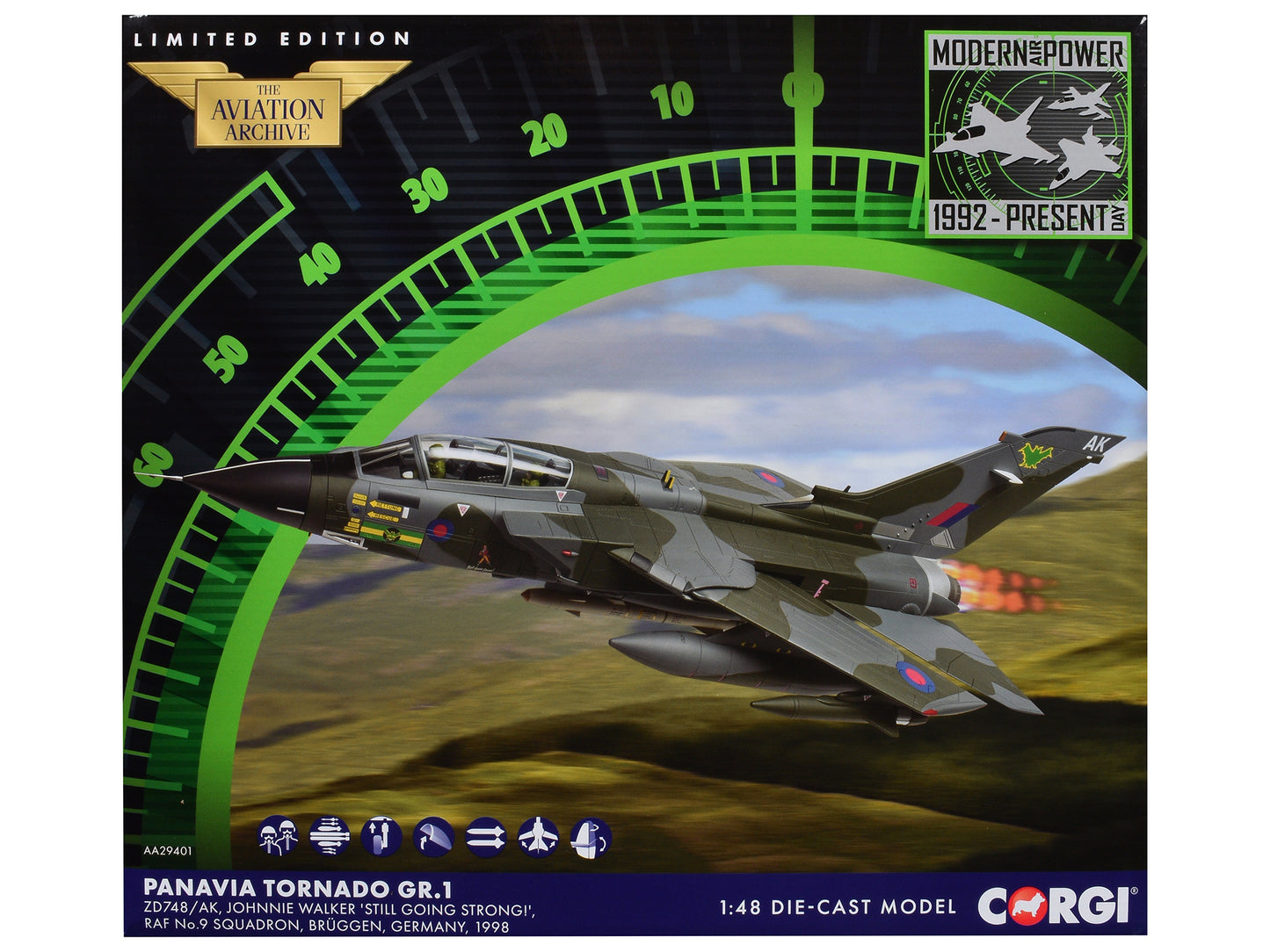 Panavia Tornado GR.1 Aircraft "Johnnie Walker 'Still Going Strong' No. 9 Squadron" (1998) British Royal Air Force "The Aviation Archive" Series 1/48 Diecast Model by Corgi