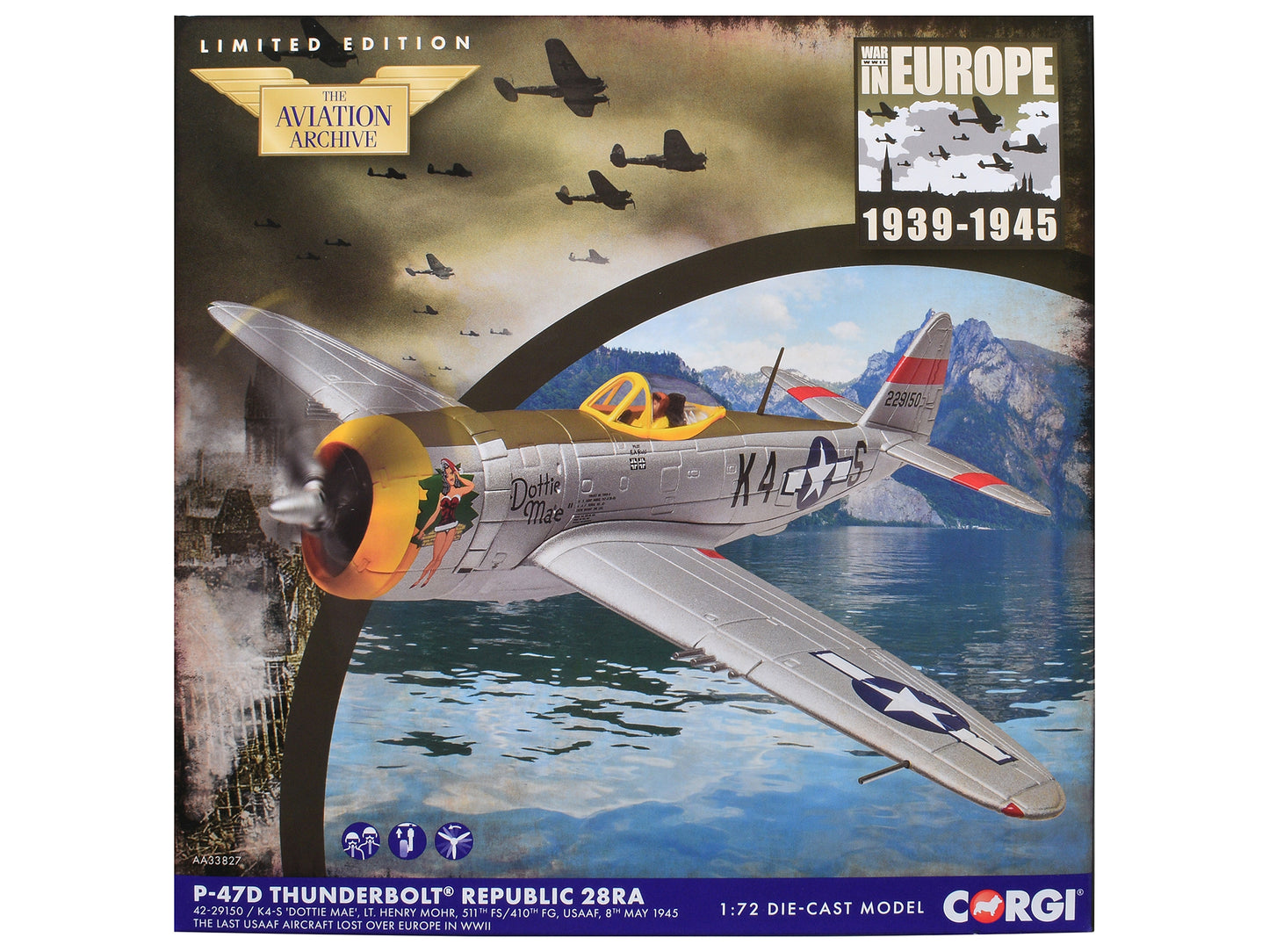 Republic P-47D Thunderbolt 28RA Fighter Aircraft "Dottie Mae 511th Fighter Squadron 405th Fighter Group" (1945) United States Army Air Forces "The Aviation Archive" Series 1/72 Diecast Model by Corgi