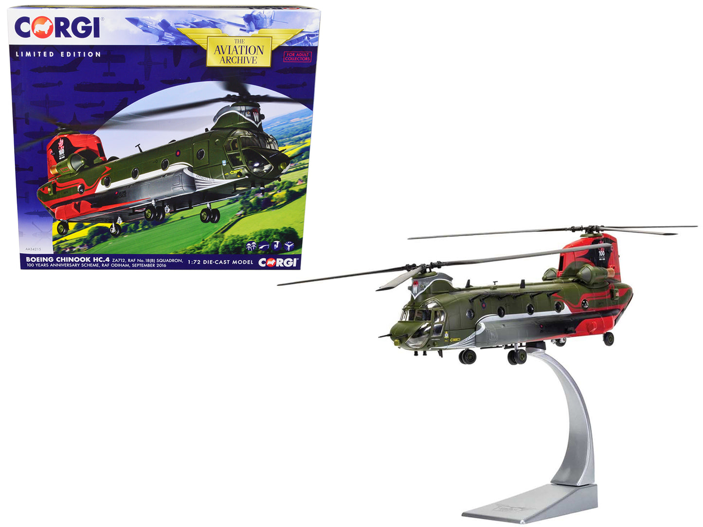 Boeing Chinook HC.4 Helicopter "ZA712 RAF No.18 (B) Squadron 100 Years Anniversary Scheme RAF Odiham" (September 2016) Royal Air Force "The Aviation Archive" Series 1/72 Diecast Model by Corgi