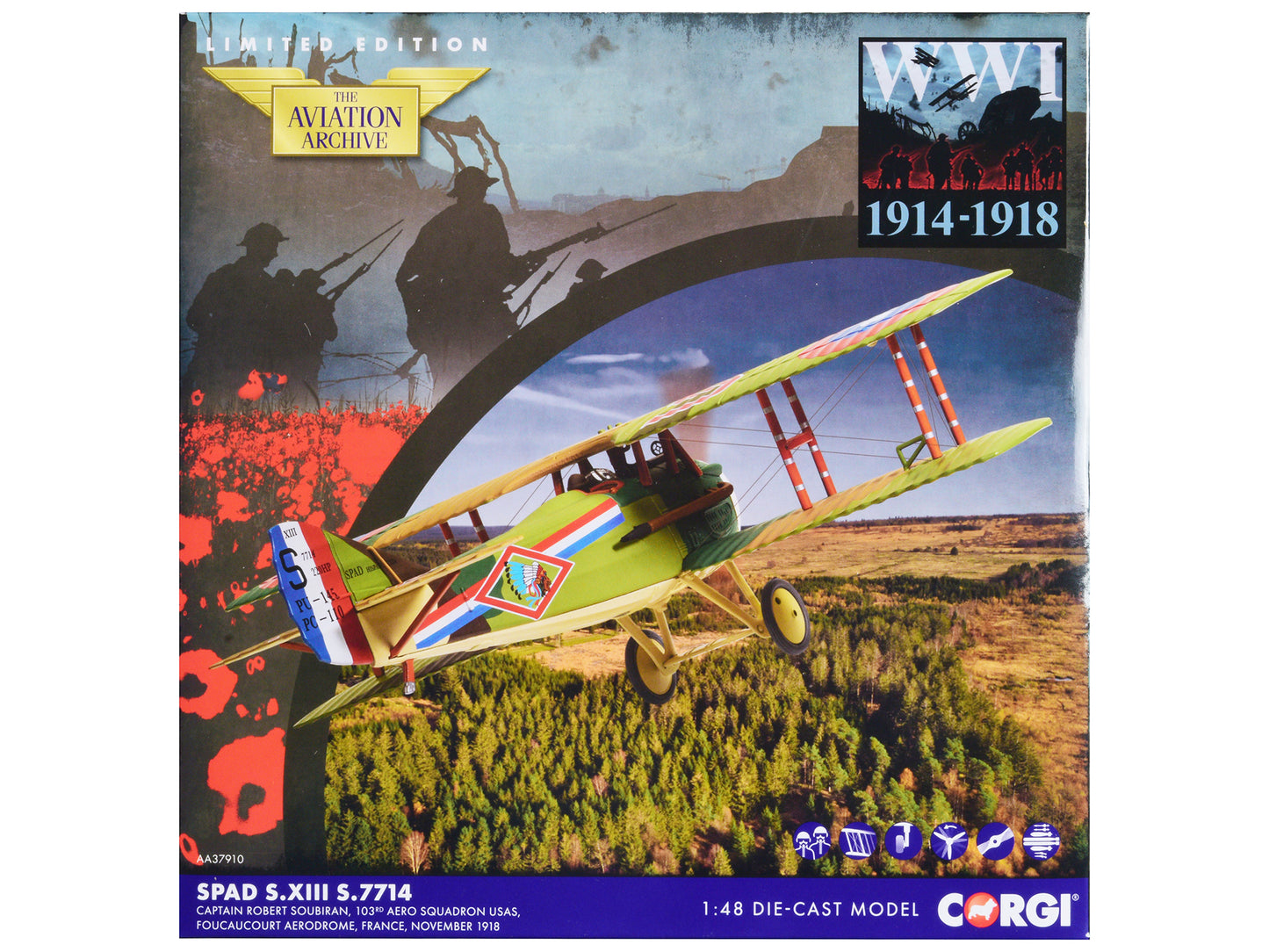 SPAD S.XIII Aircraft "Captain Robert Soubiran 103rd Aero Squadron USAS Foucaucourt Aerodrome France" (1918) United States Army Air Service "The Aviation Archive" Series 1/48 Diecast Model by Corgi