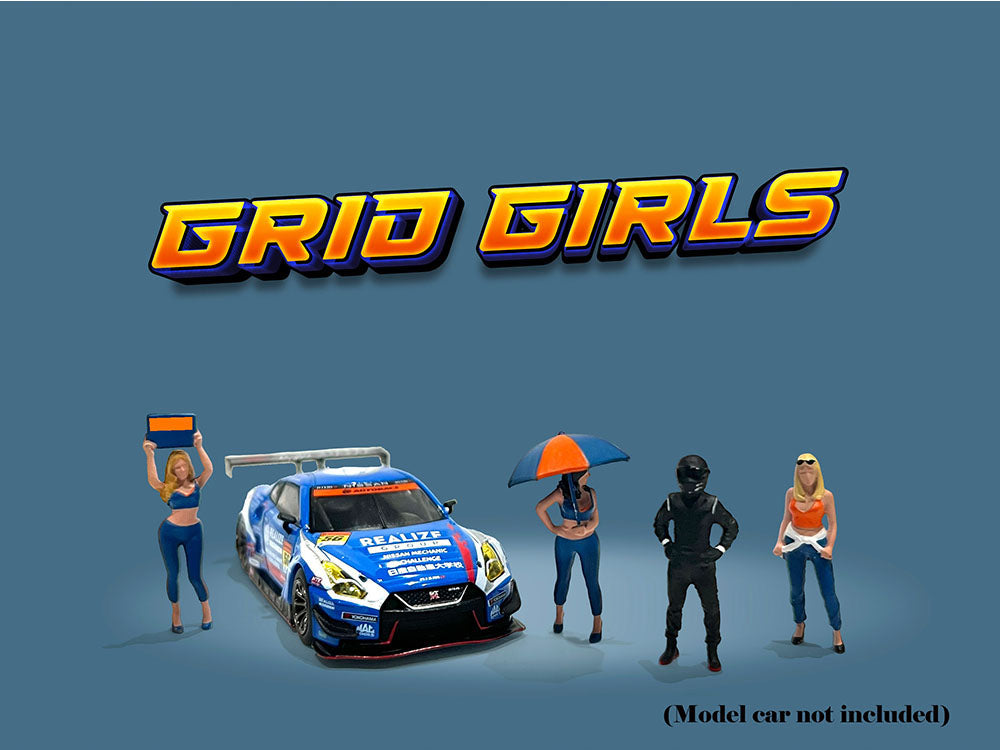 "Grid Girls" 5 piece Diecast Figure Set (4 People Figures 1 Umbrella) Limited Edition to 3600 pieces Worldwide for 1/64 Scale Models by American Diorama