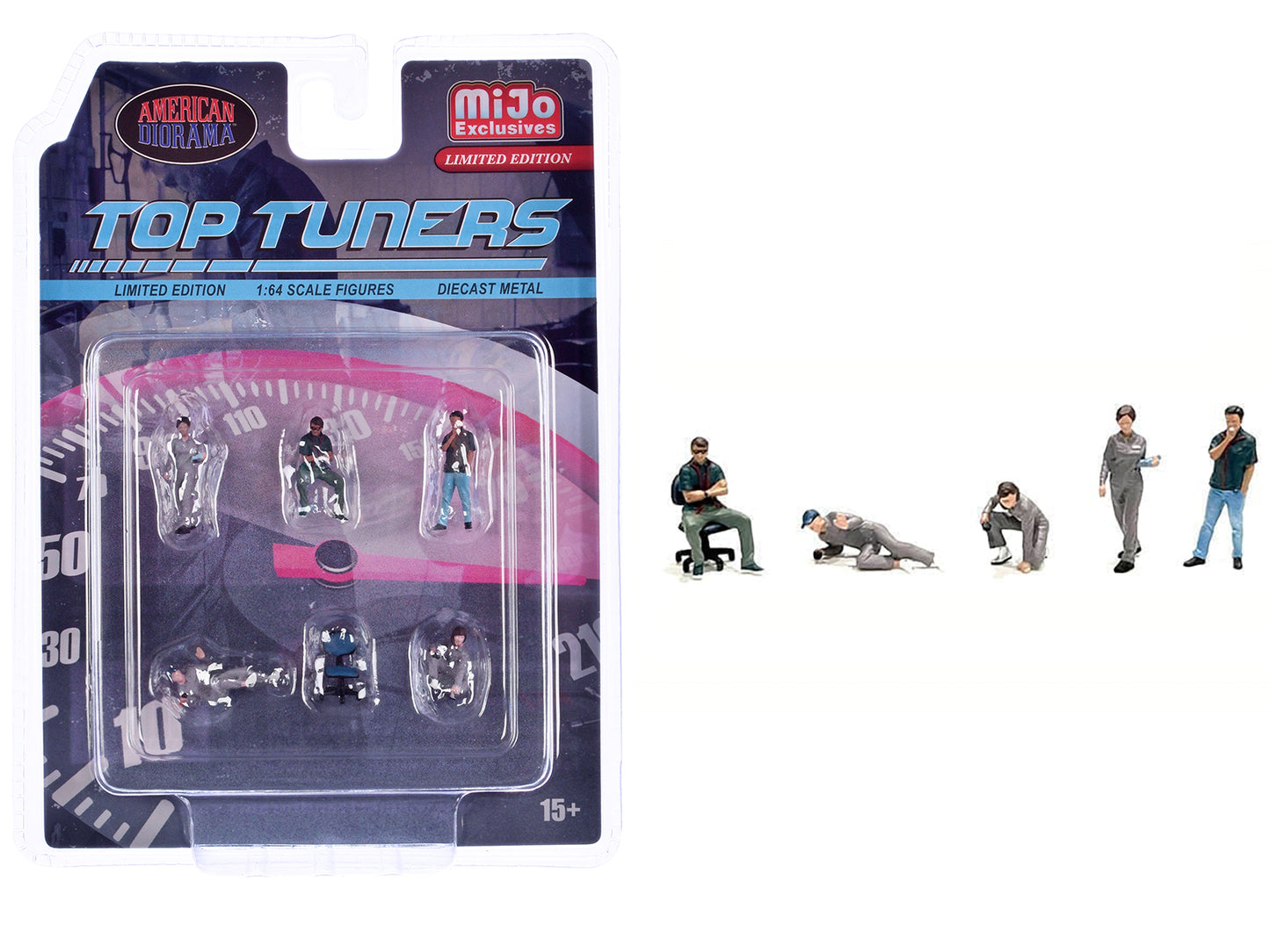 "Top Tuners" 6 piece Diecast Figure Set (5 Figures, 1 Chair) Limited Edition for 1/64 Scale Models by American Diorama