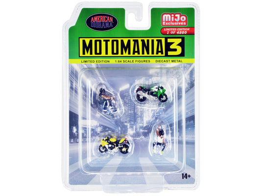 "Motomania 3" 4 piece Diecast Set (2 Figures and 2 Motorcycles) Limited Edition to 4800 pieces Worldwide for 1/64 Scale Models by American Diorama