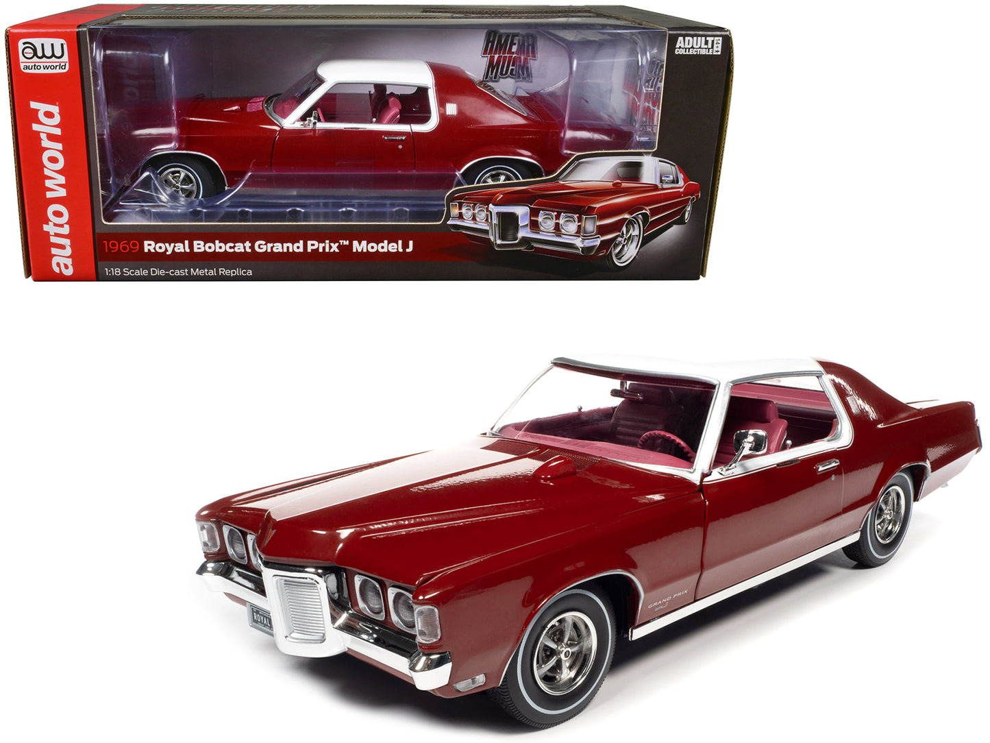 1969 Pontiac Royal Bobcat Grand Prix Model J Matador Red with White Top and Red Interior 1/18 Diecast Model Car by Auto World