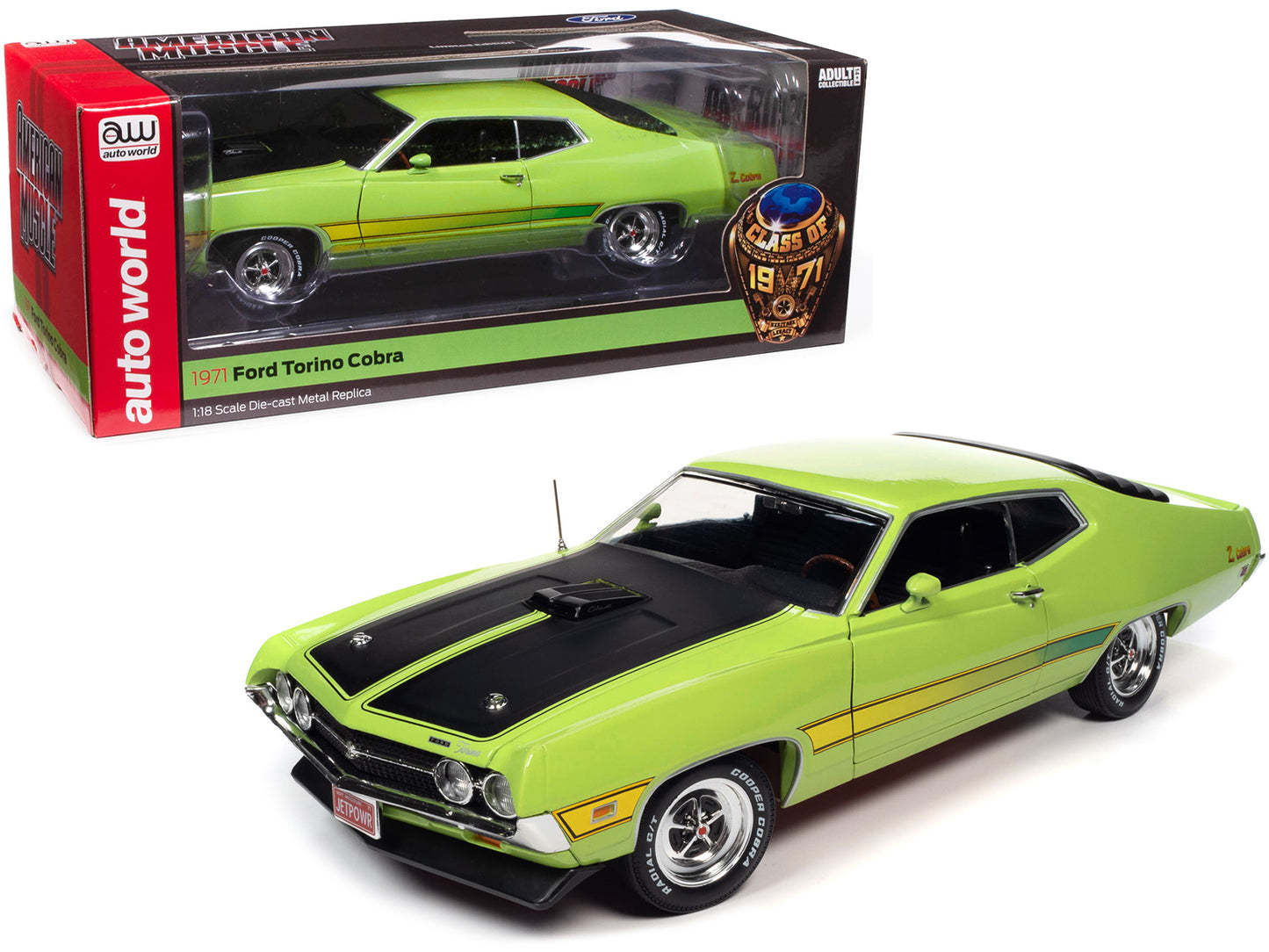 1971 Ford Torino Cobra Grabber Lime Green with Matt Black Hood and Stripes "Class of 1971" Series 1/18 Diecast Model Car by Auto World