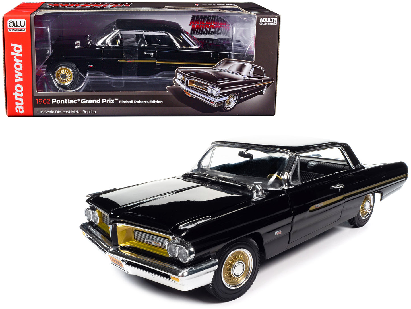 1962 Pontiac Grand Prix "Fireball Roberts Edition" Starlight Black with Gold Stripes 1/18 Diecast Model Car by Auto World