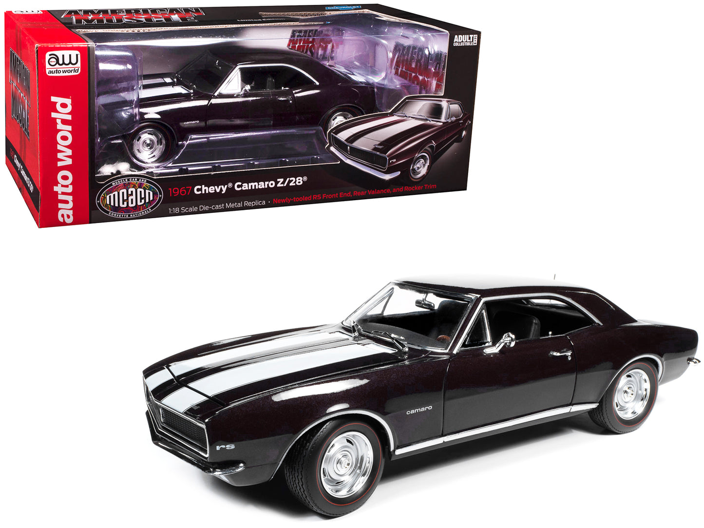 1967 Chevrolet Camaro Z/28 Royal Plum with White Stripes "Muscle Car & Corvette Nationals" (MCACN) 1/18 Diecast Model Car by Auto World