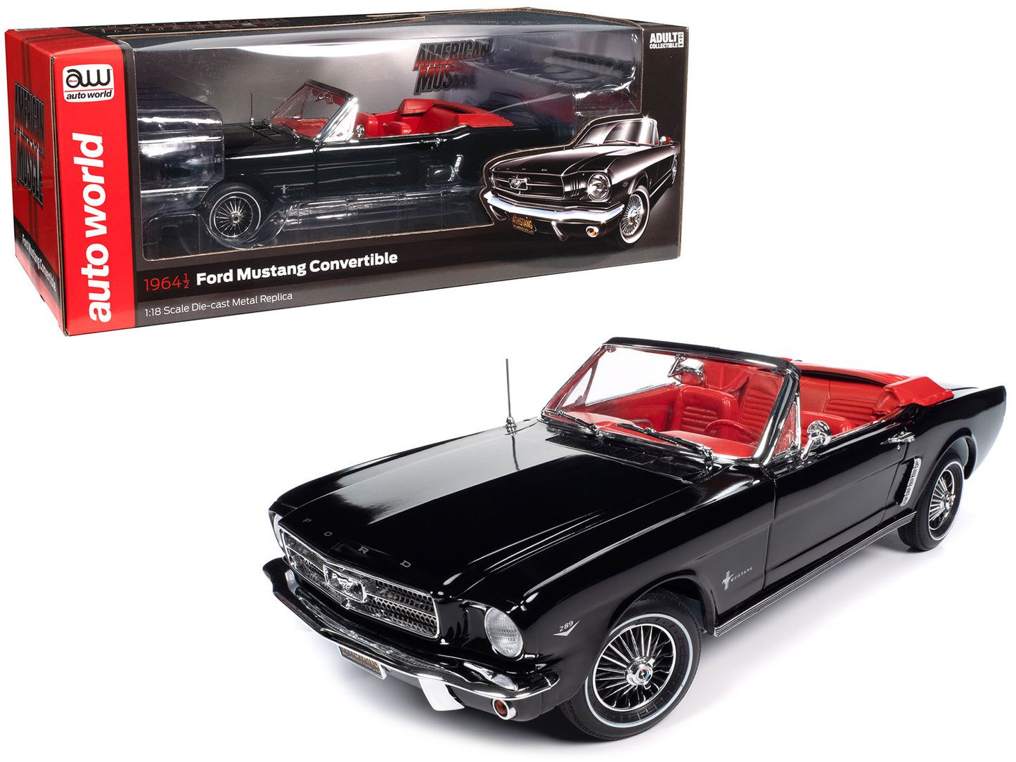 1964 1/2 Ford Mustang Convertible Raven Black with Red Interior "American Muscle" Series 1/18 Diecast Model Car by Auto World