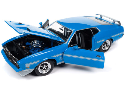 1972 Ford Mustang Mach 1 Grabber Blue with Silver Stripes "American Muscle" Series 1/18 Diecast Model Car by Auto World