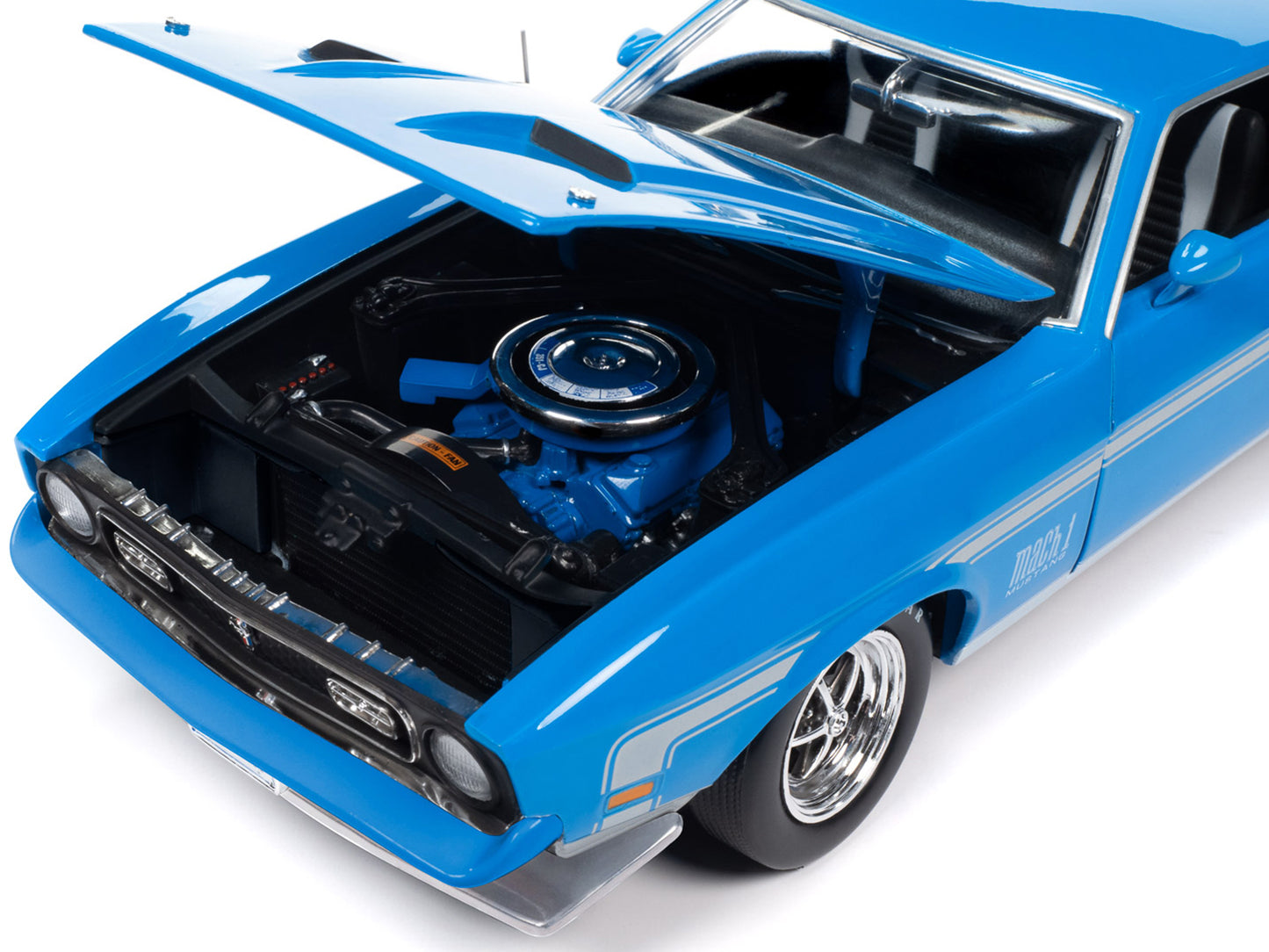 1972 Ford Mustang Mach 1 Grabber Blue with Silver Stripes "American Muscle" Series 1/18 Diecast Model Car by Auto World