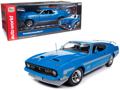 1972 Ford Mustang Mach 1 Grabber Blue with Silver Stripes "American Muscle" Series 1/18 Diecast Model Car by Auto World