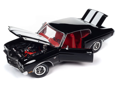 1970 Chevrolet Chevelle SS Tuxedo Black with White Stripes and Red Interior "Hemmings Muscle Machines Magazine Cover Car" (May 2011) "American Muscle" Series 1/18 Diecast Model Car by Auto World