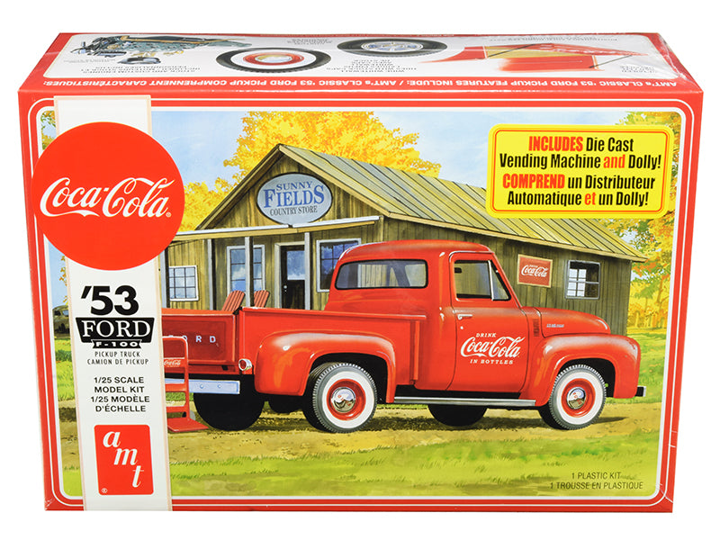 Skill 3 Model Kit 1953 Ford F-100 Pickup Truck "Coca-Cola" with Vending Machine and Dolly 1/25 Scale Model by AMT