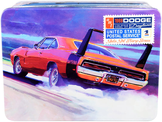 Skill 2 Model Kit 1969 Dodge Charger Daytona "USPS" (United States Postal Service) Themed Collectible Tin 1/25 Scale Model by AMT