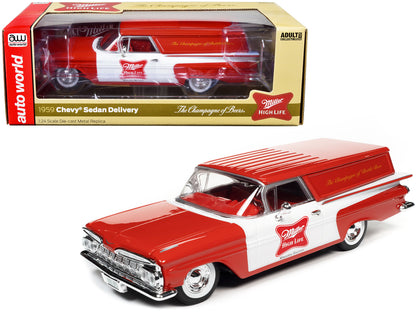 1959 Chevrolet Sedan Delivery Car Red and White "Miller High Life: The Champagne of Beers" 1/24 Diecast Model Car by Auto World