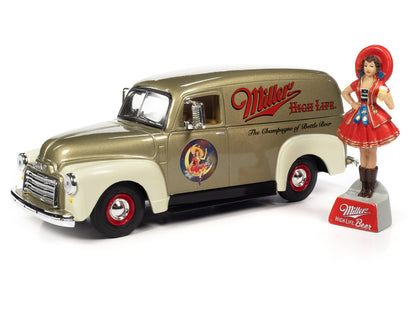 1951 GMC Sedan Delivery Gold Metallic and Beige "Miller High Life" and "Miller Girl in the Moon" Resin Figure 1/25 Diecast Model Car by Auto World