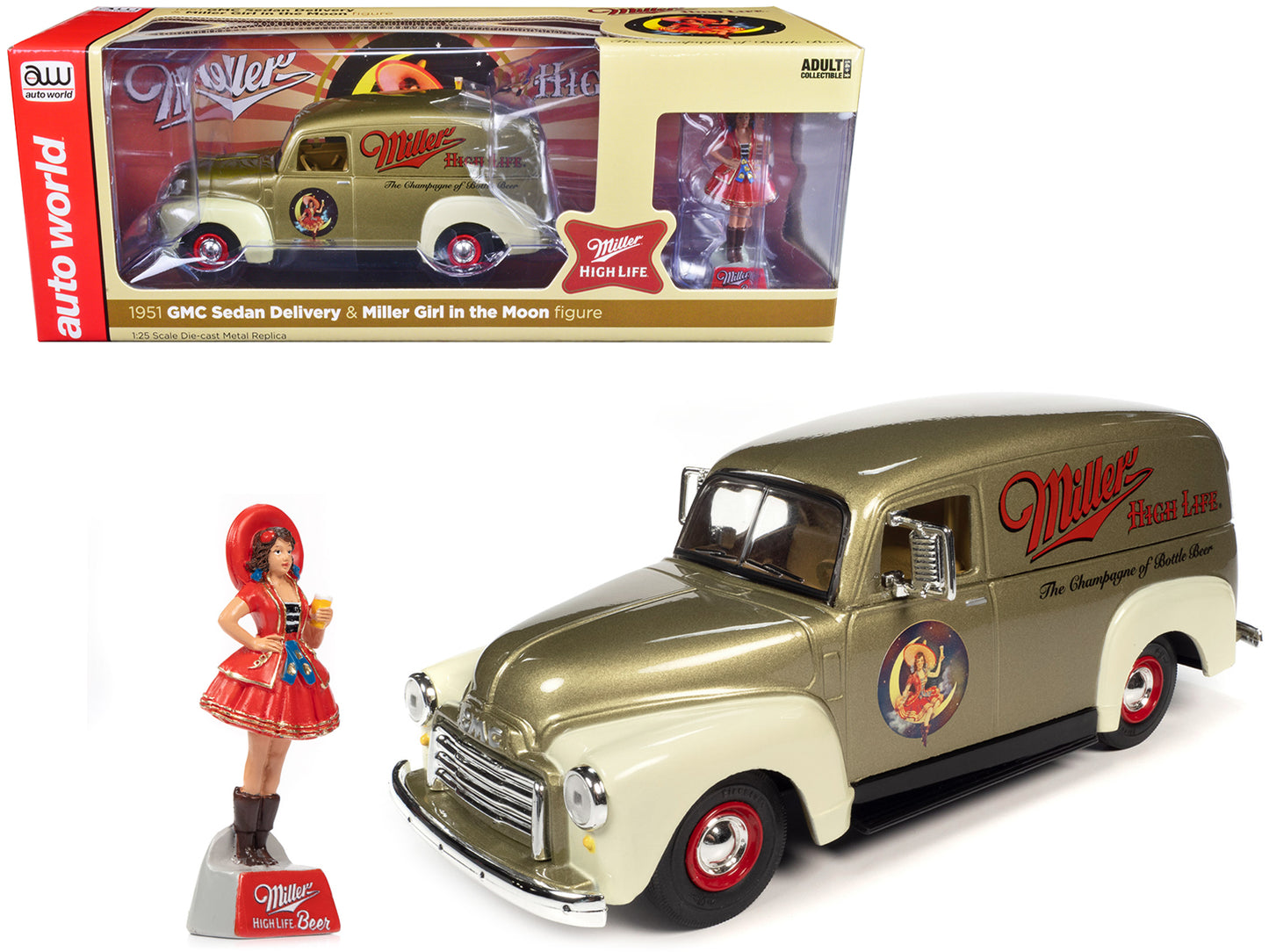 1951 GMC Sedan Delivery Gold Metallic and Beige "Miller High Life" and "Miller Girl in the Moon" Resin Figure 1/25 Diecast Model Car by Auto World