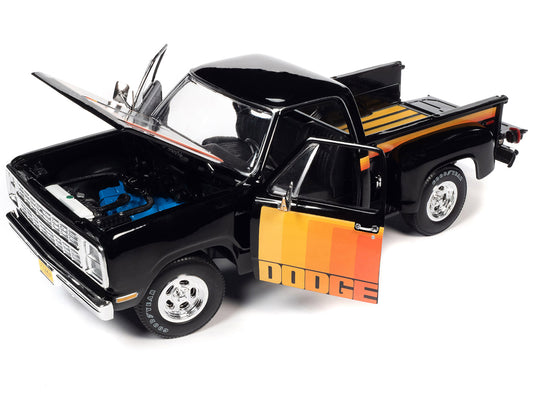 1980 Dodge D150 Pick-M-Up Utiline Pickup Truck Black with Stripes 1/18 Diecast Model Car by Auto World