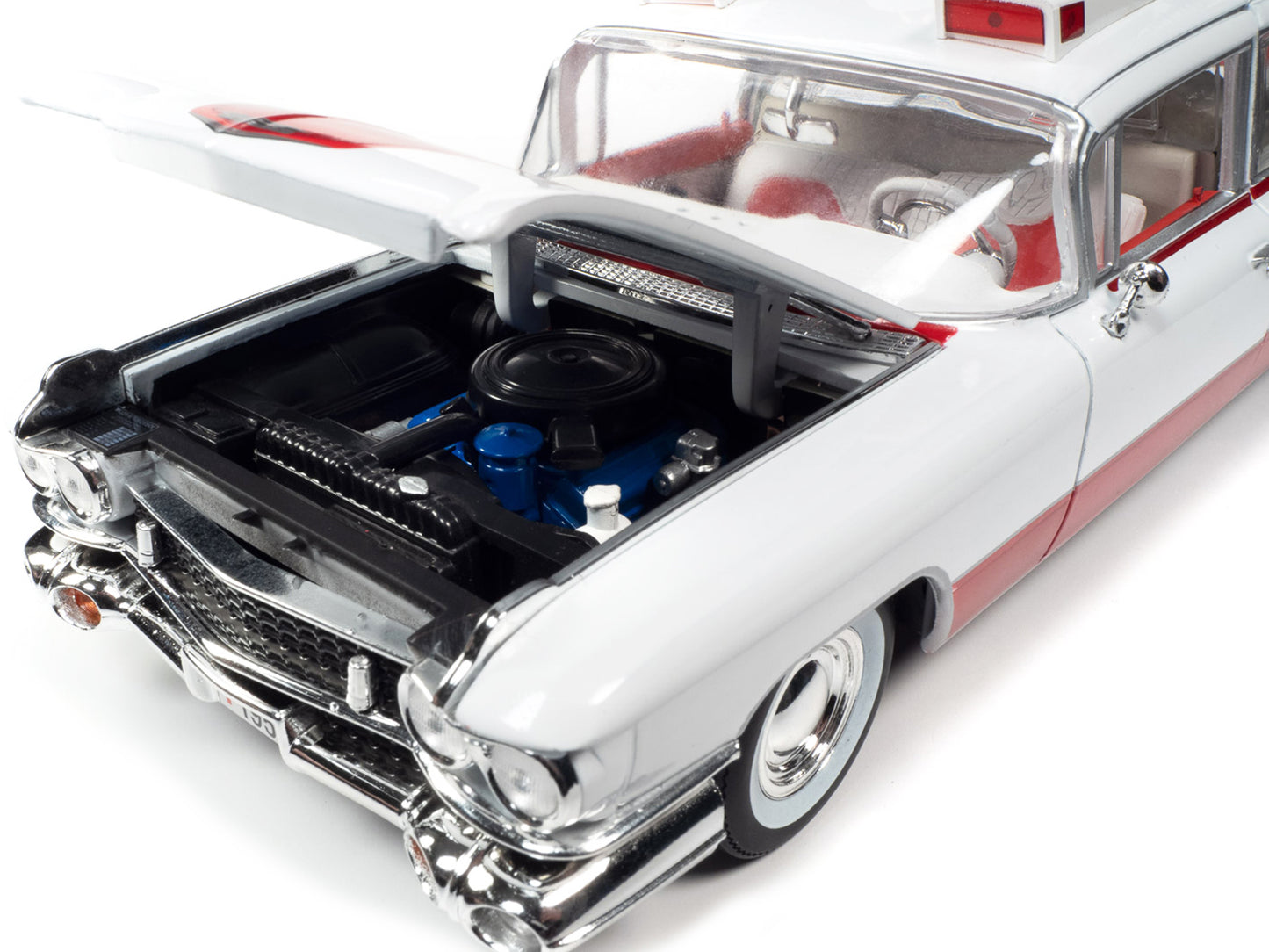 1959 Cadillac Eldorado Ambulance Red and White 1/18 Diecast Model by Auto World