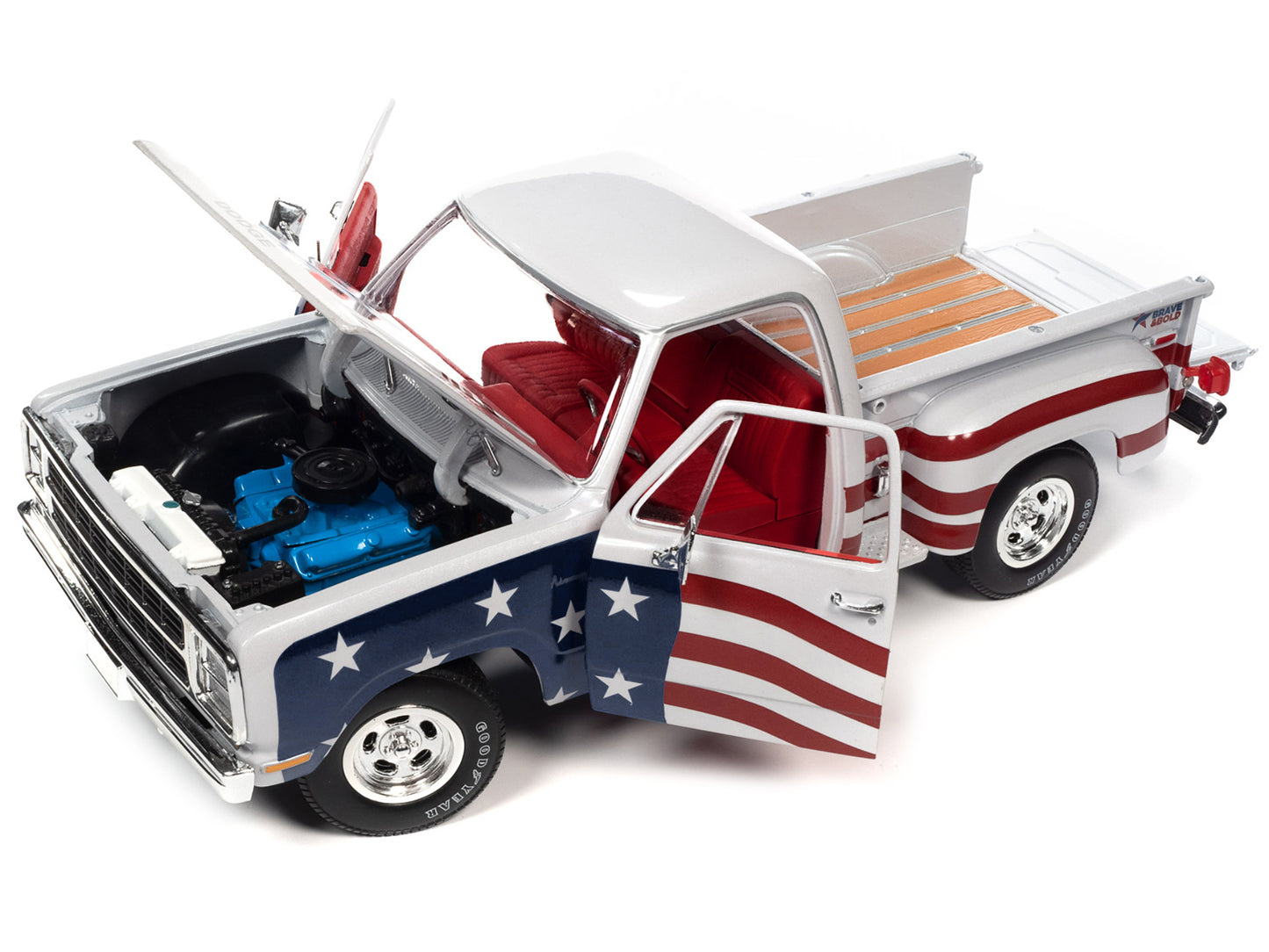 1980 Dodge D150 Adventurer Pickup Truck White with American Flag Graphics and Red Interior 1/18 Diecast Model Car by Auto World