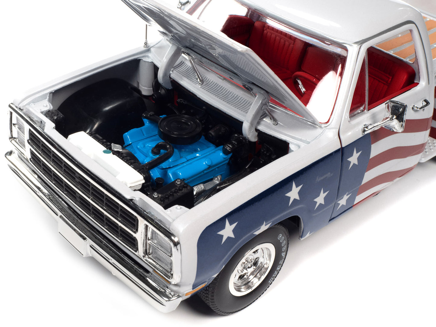 1980 Dodge D150 Adventurer Pickup Truck White with American Flag Graphics and Red Interior 1/18 Diecast Model Car by Auto World