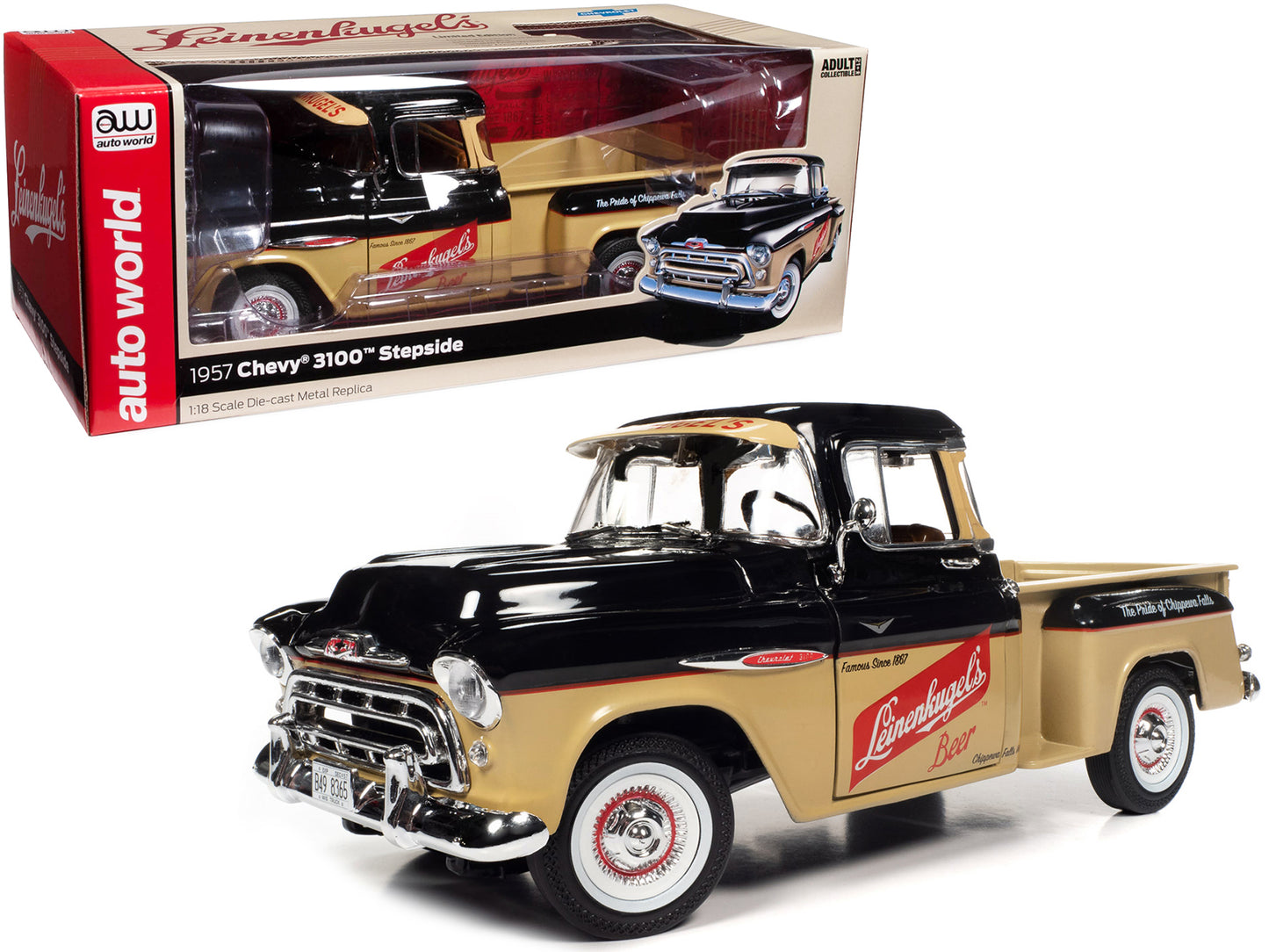 1957 Chevrolet 3100 Stepside Pickup Truck Black and Tan with Graphics "Leinenkugle's Beer The Pride of Chippewa Falls" 1/18 Diecast Model by Auto World