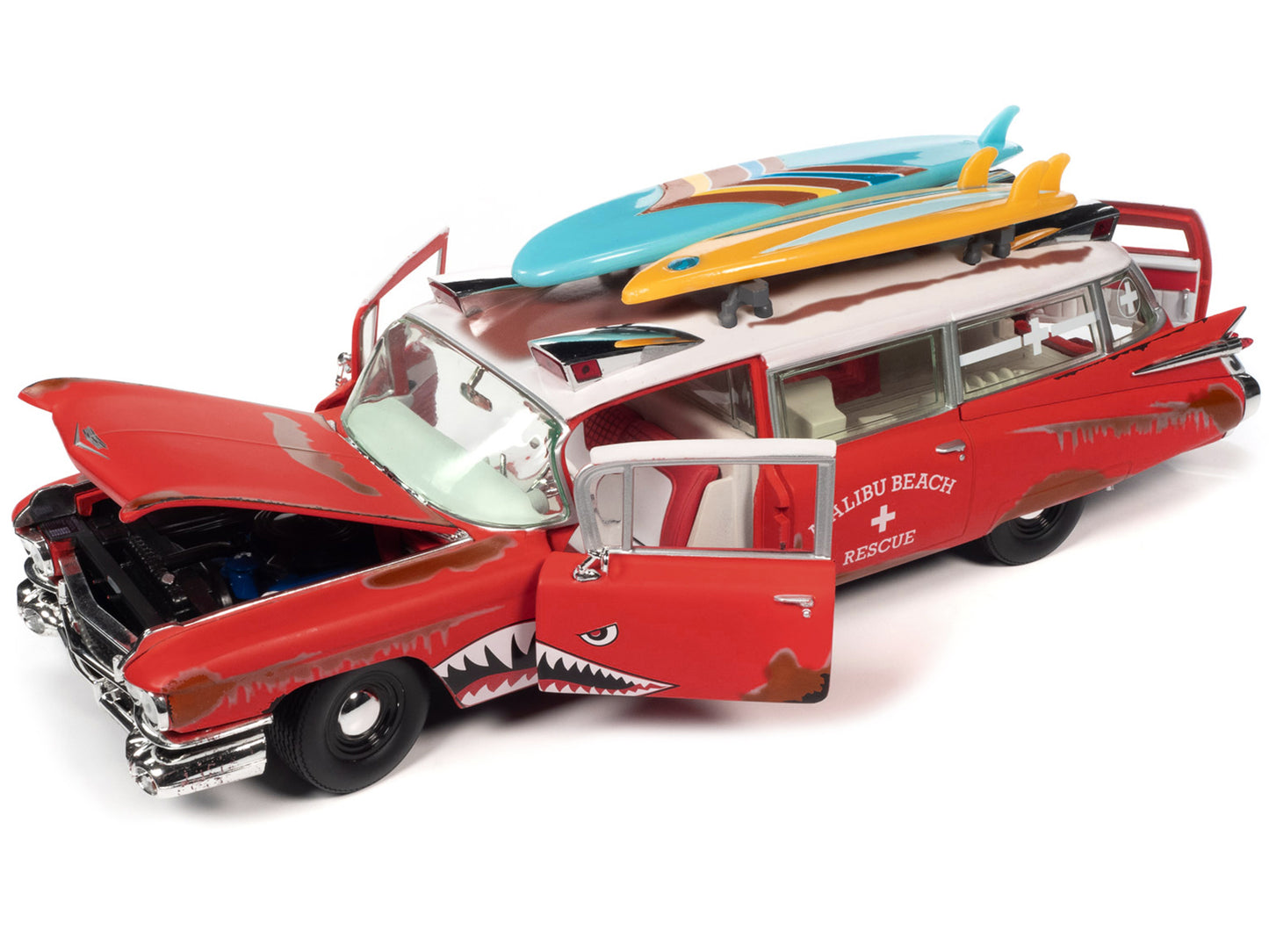 1959 Cadillac Eldorado Ambulance Red with White Top "Malibu Beach Rescue" (Weathered) with Surfboards on Roof "Surf Shark" 1/18 Diecast Model Car by Auto World