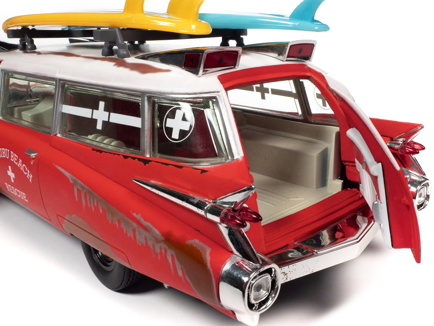 1959 Cadillac Eldorado Ambulance Red with White Top "Malibu Beach Rescue" (Weathered) with Surfboards on Roof "Surf Shark" 1/18 Diecast Model Car by Auto World