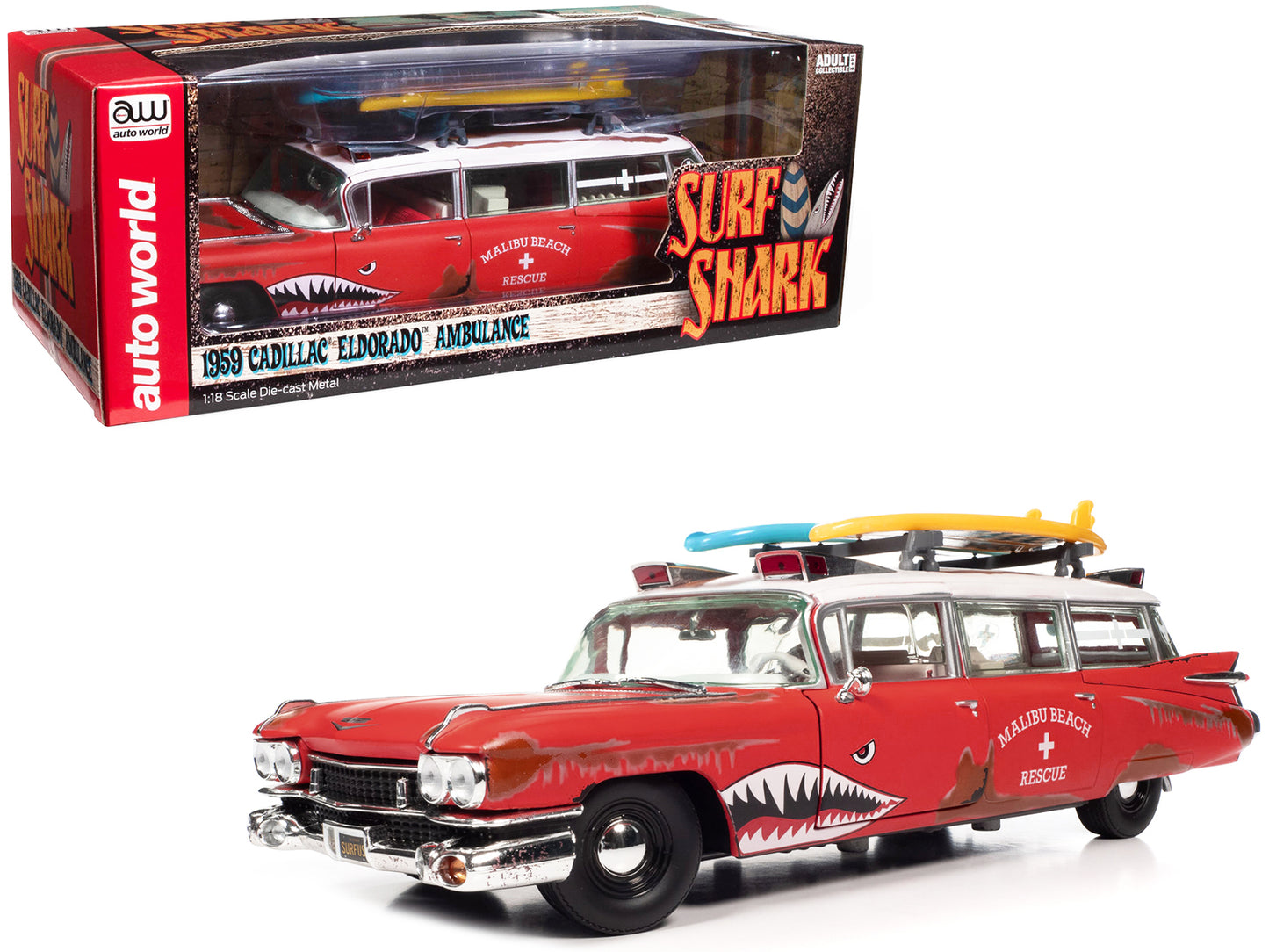 1959 Cadillac Eldorado Ambulance Red with White Top "Malibu Beach Rescue" (Weathered) with Surfboards on Roof "Surf Shark" 1/18 Diecast Model Car by Auto World