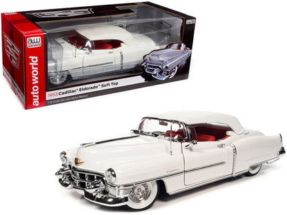 1953 Cadillac Eldorado Soft Top Alpine White with Red Interior 1/18 Diecast Model Car by Auto World