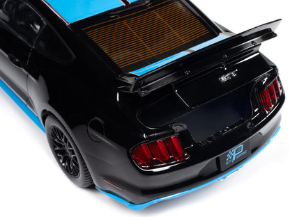 2015 Ford Mustang GT 5.0 Black with Petty Blue Stripes "Petty's Garage" 1/18 Diecast Model Car by Auto World