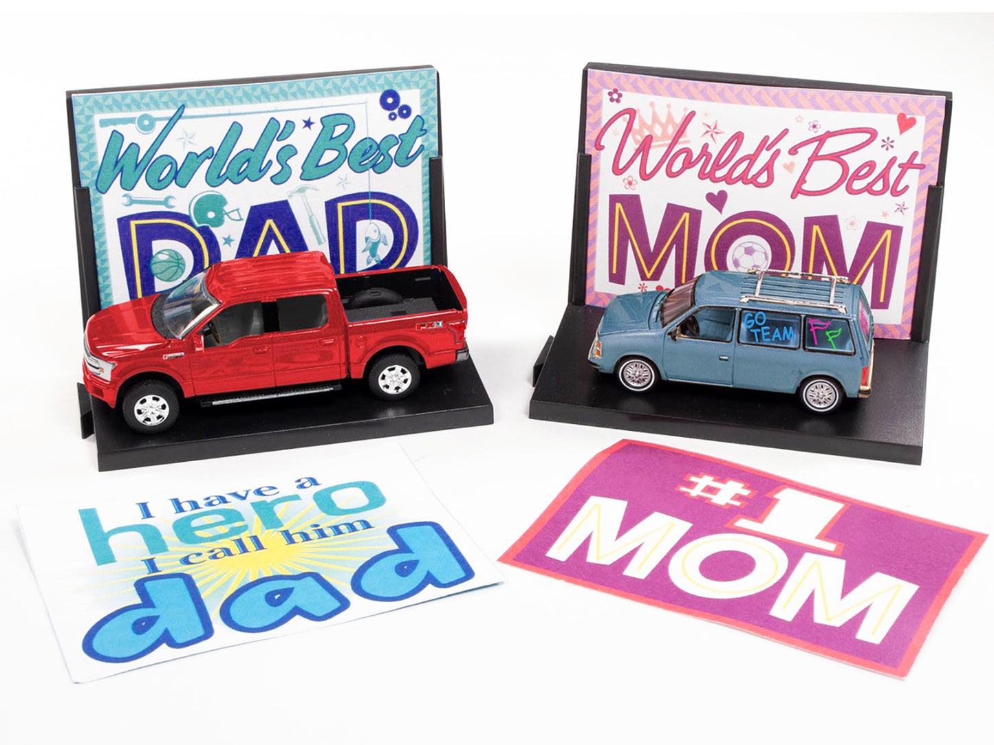 2018 Ford F-150 Pickup Truck Red and 1984 Dodge Caravan Minivan Blue Metallic "World's Best Mom and Dad" Set of 2 Pieces 1/64 Diecast Model Cars by Auto World